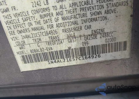 2007 Nissan Altima 2.5 S z USA, uszkodzony, nr VIN 1N4AL21E57C164926